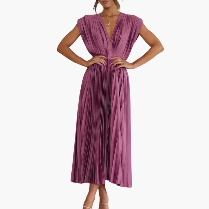 Women’s Midi Dress with Pleated Design and Cap Sleeves