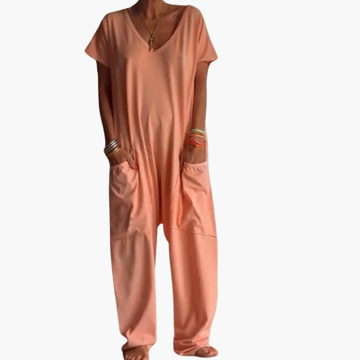 Women’s V-Neck Jumpsuit with Relaxed Drape