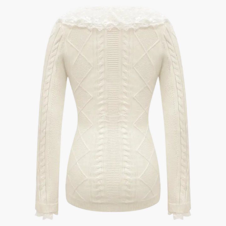 Women’s Knitted Button-Up Dress with Lace Collar and Long Sleeves