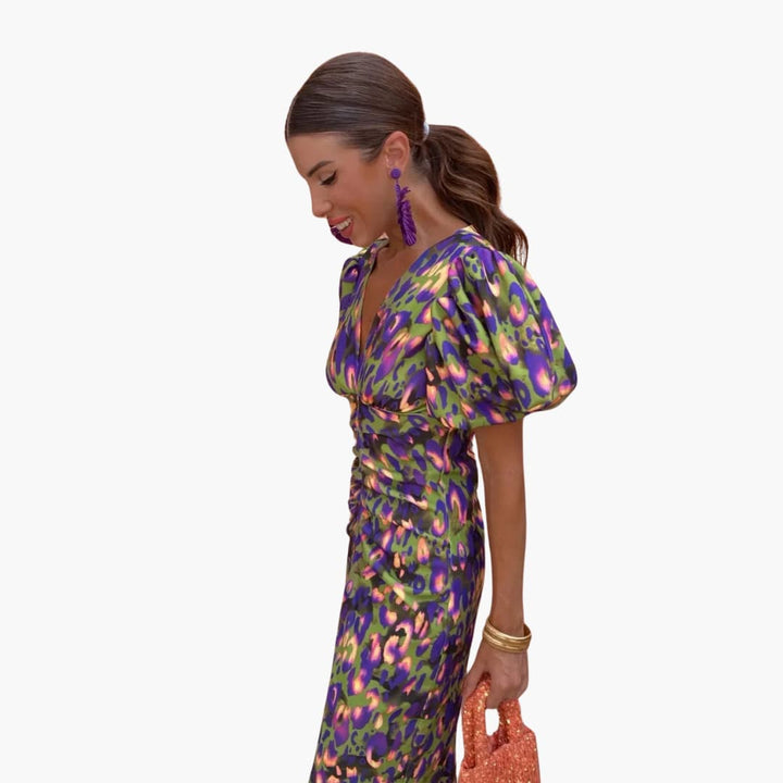 Women’s Midi Dress with Puff Sleeves and Ruched Waist