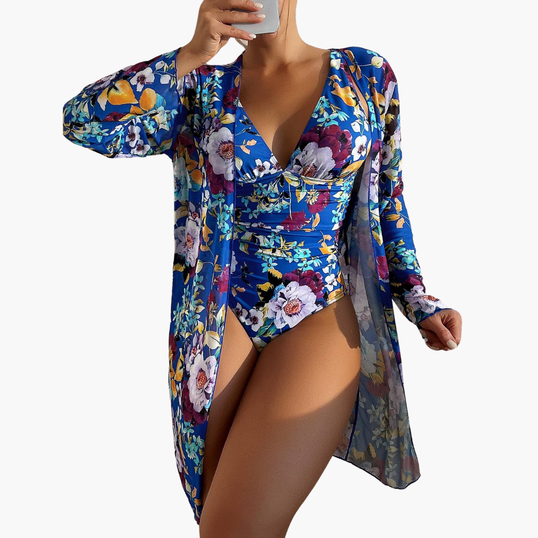 Women’s Bikini Set with V-Neck Top and Long-Sleeve Cover-Up