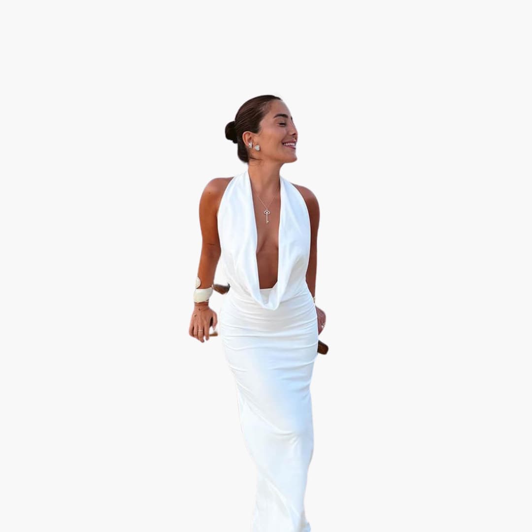 Women’s Halterneck Maxi Dress with Deep V-Neck and Open Back