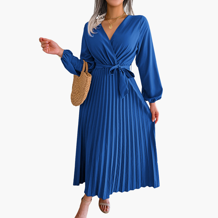 Women’s Pleated Maxi Dress with Wrap Front and Long Sleeves