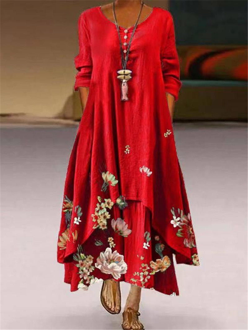 Women’s Maxi Dress with Asymmetric Hem and Long Sleeves