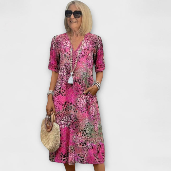 Women’s Midi Dress with V-Neck and Floral Print