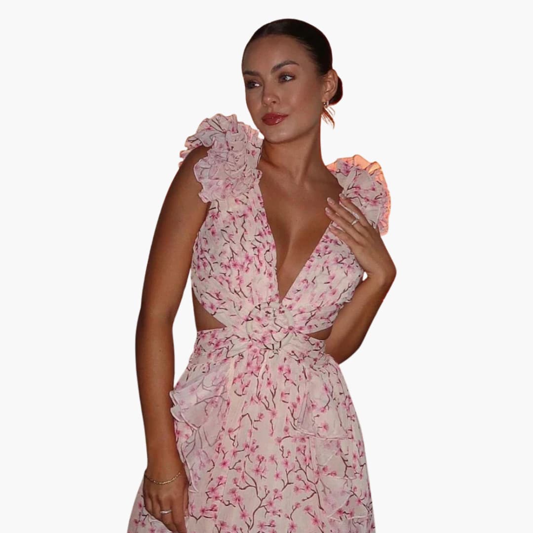 Women Maxi Dress with V-Neck and Open-Back Design