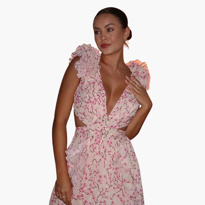 Women Maxi Dress with V-Neck and Open-Back Design