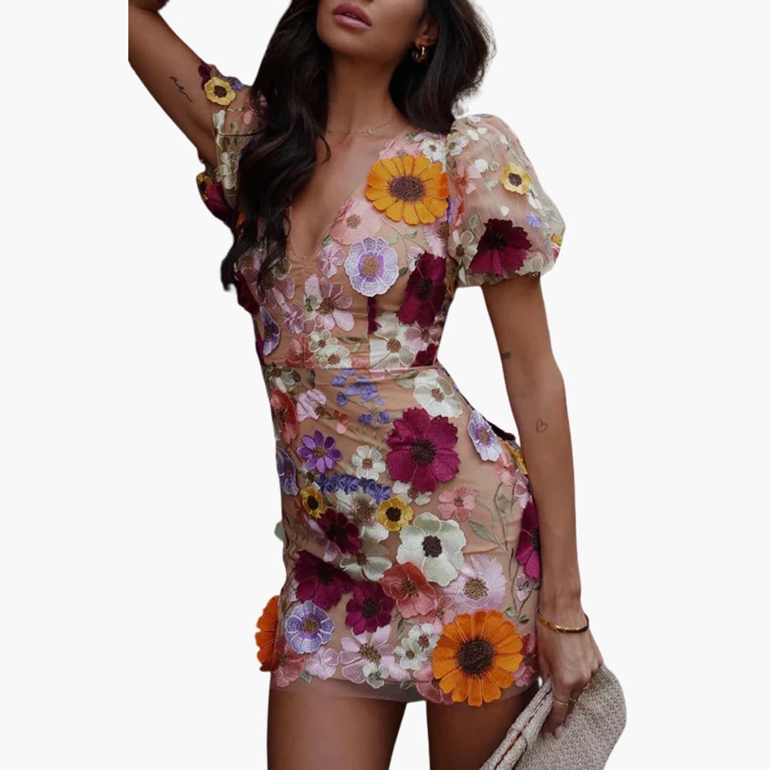 Women’s mini dress with V-neckline and puff sleeves