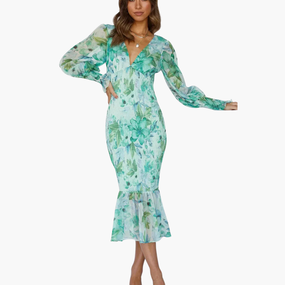 Women’s Midi Dress with V-Neck and Puff Sleeves