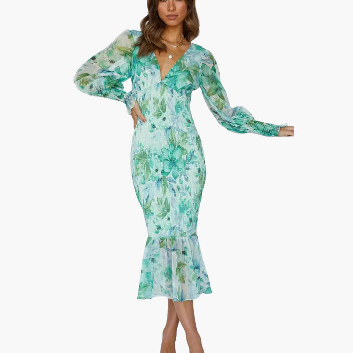 Women’s Midi Dress with V-Neck and Puff Sleeves