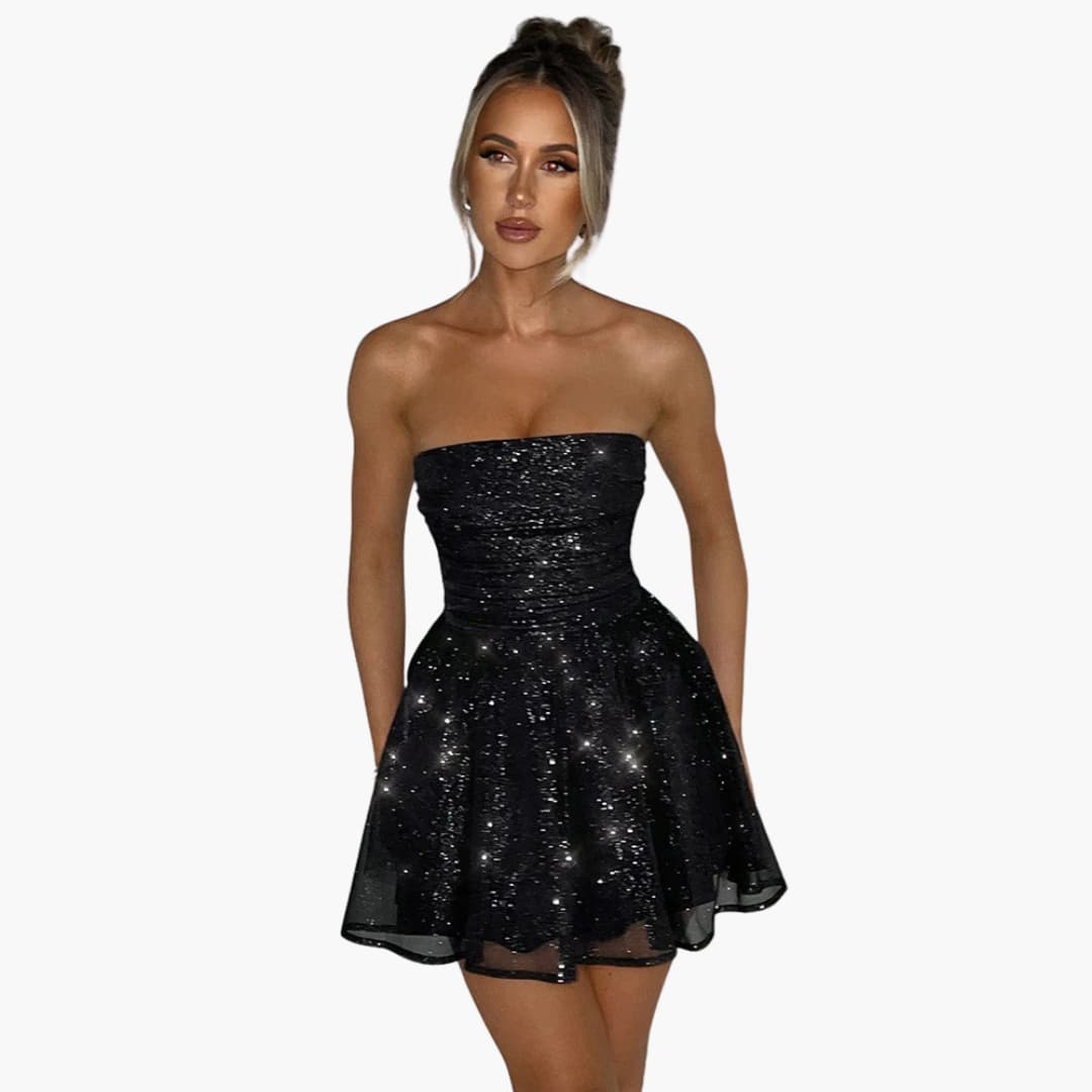 Women’s mini dress with bandeau neckline and flared skirt