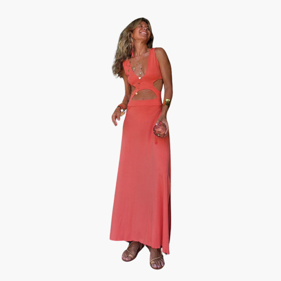 Women’s Maxi Dress with V-Neck and Waist Cut-Out