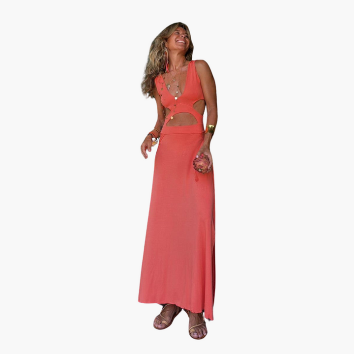 Women’s Maxi Dress with V-Neck and Waist Cut-Out