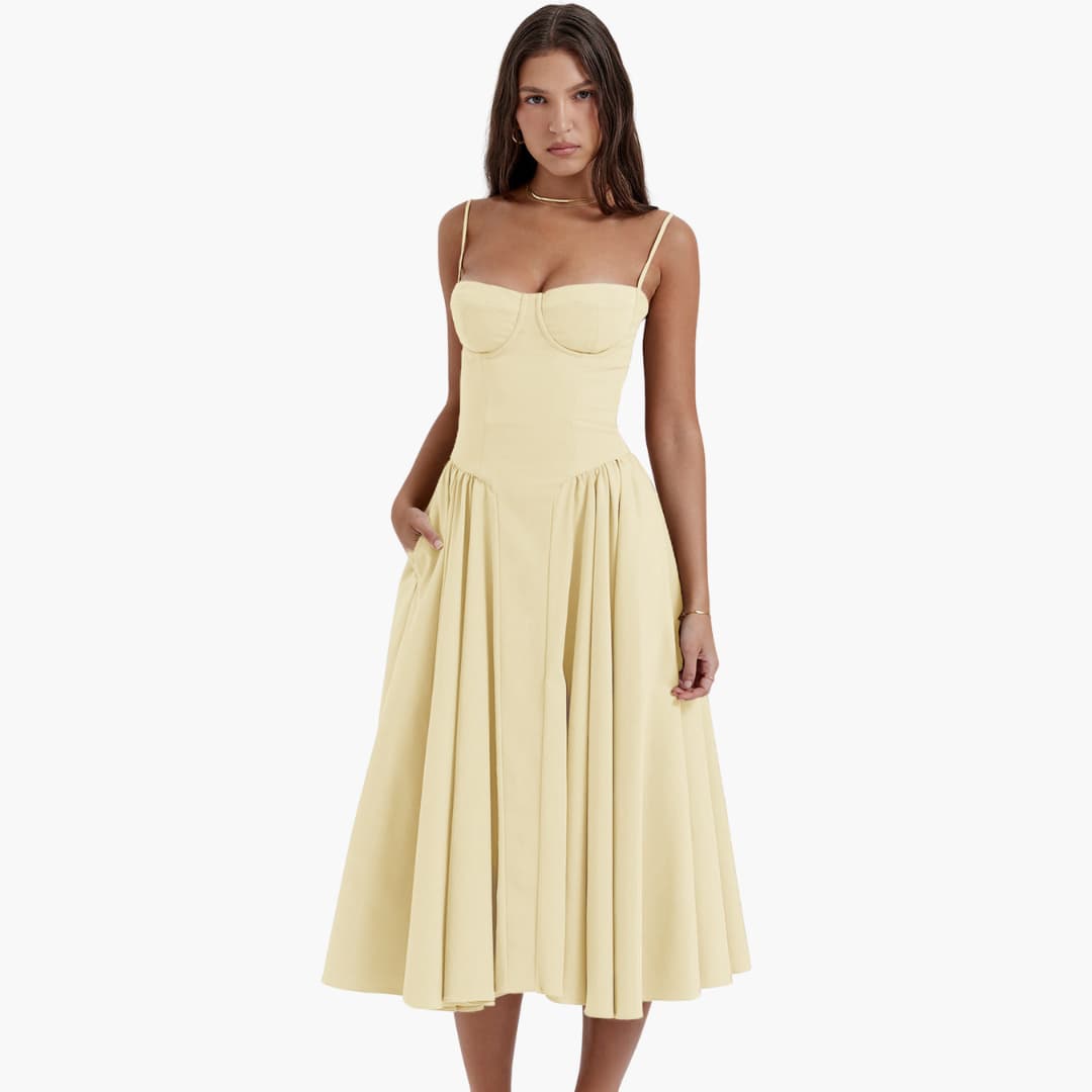 Women’s Midi Dress with Square Neck and Pleated Skirt
