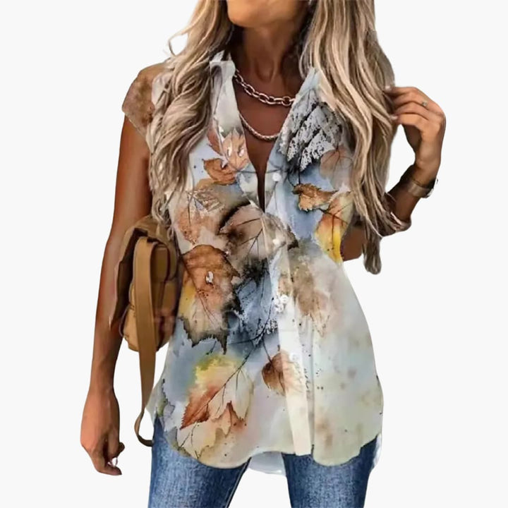 Women’s Sleeveless Blouse with Collar and Button Fastening