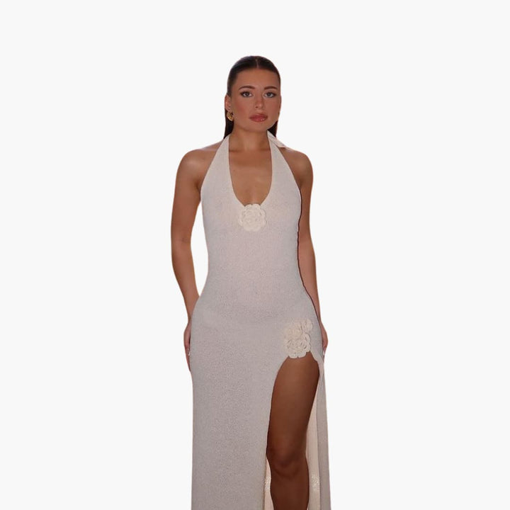 Women’s Halter Maxi Dress with Backless Design and Side Slit