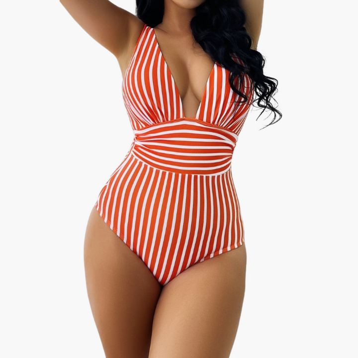 Women’s One - Piece Swimsuit with Striped Pattern and Integrated Shaping Panel