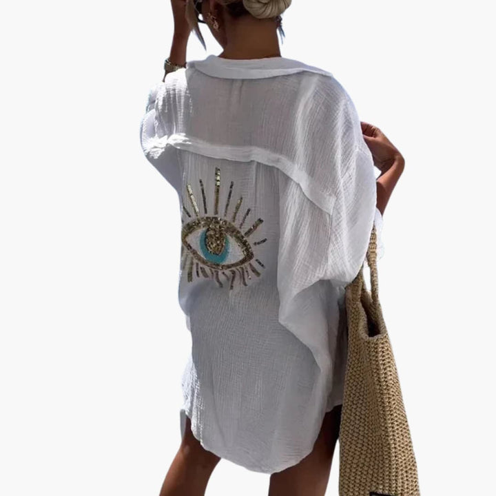 Women’s Oversized Beach Shirt with Collar and Embroidery