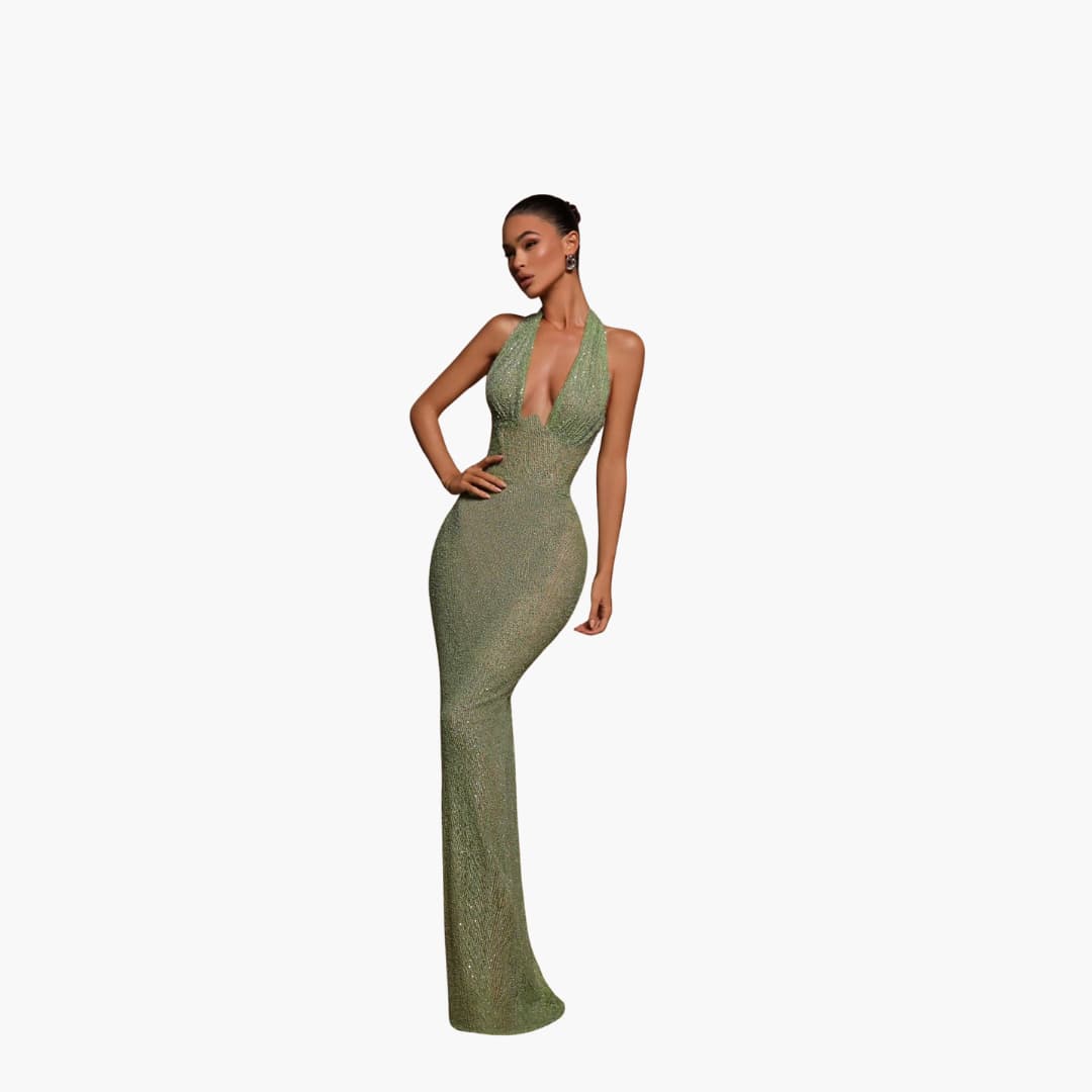 Women’s evening gown with halter neckline and backless design