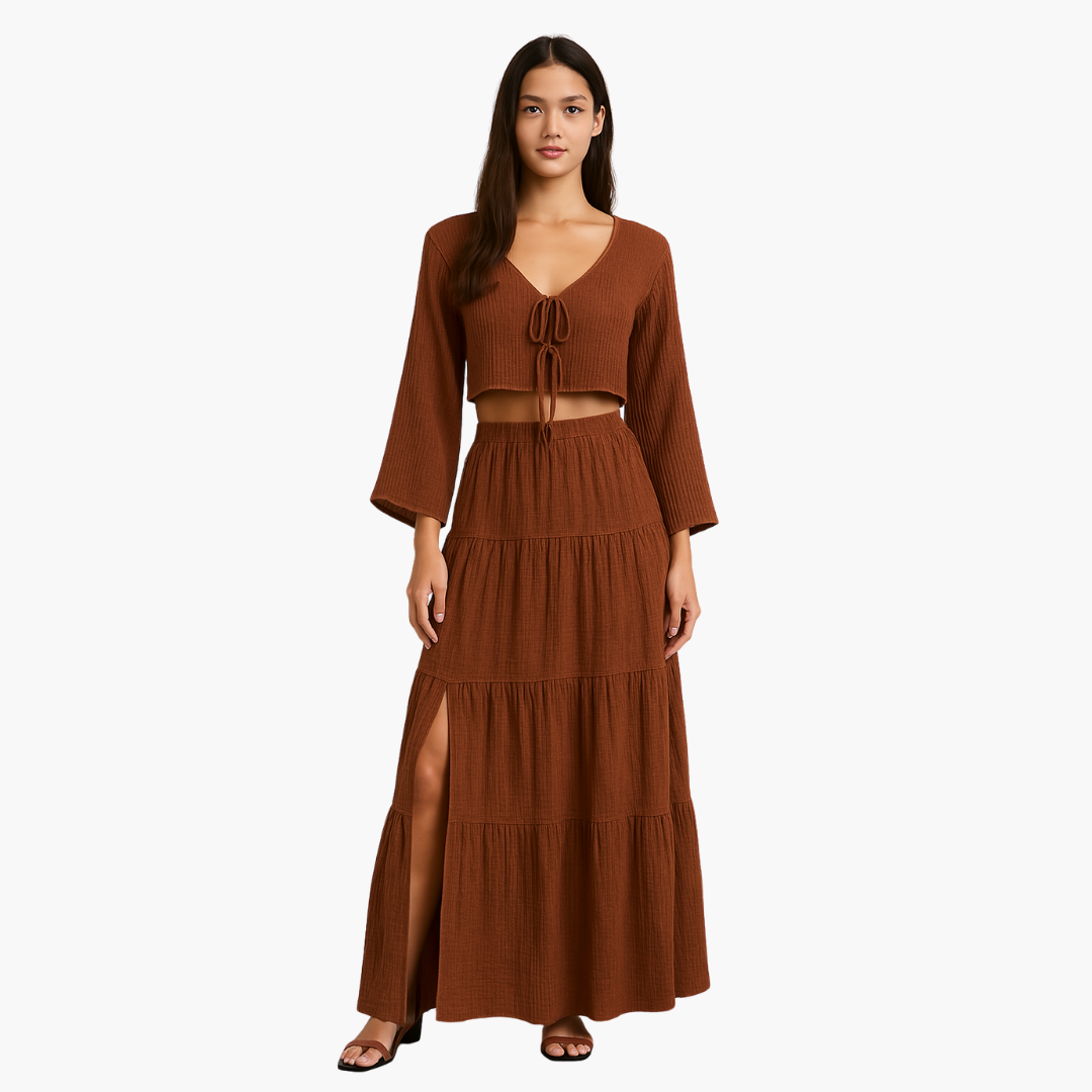 Women’s Two-Piece Set with Tie-Front Top and High-Slit Skirt