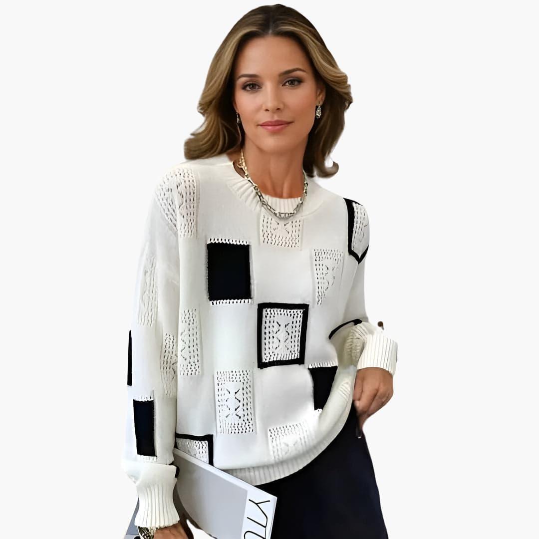 Women’s Patchwork Knit Sweater with Long Sleeves and Pullover Style