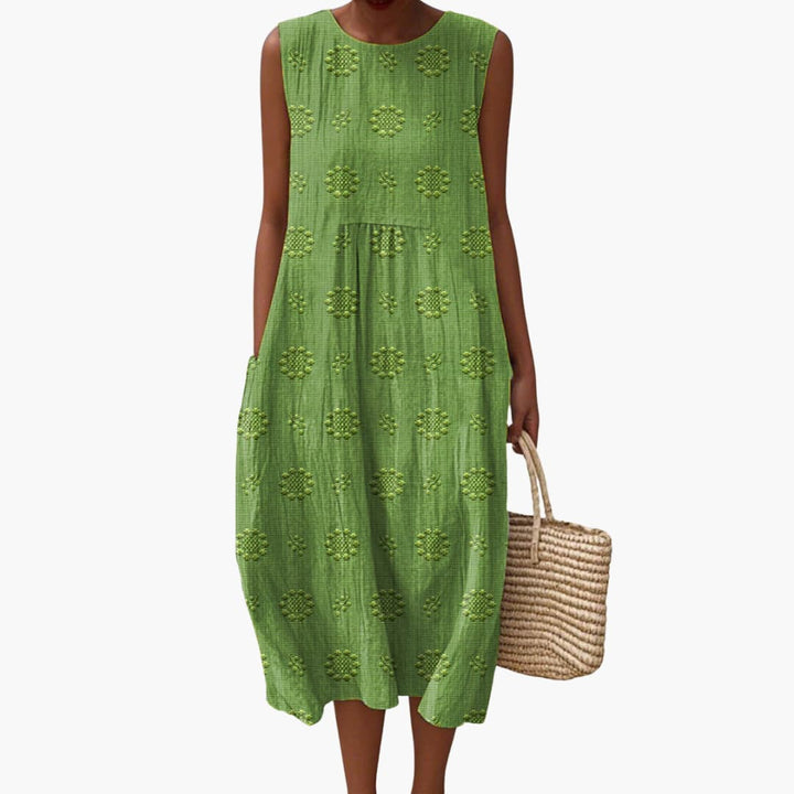 Women’s Sleeveless Midi Dress with Floral Pattern and Side Pockets