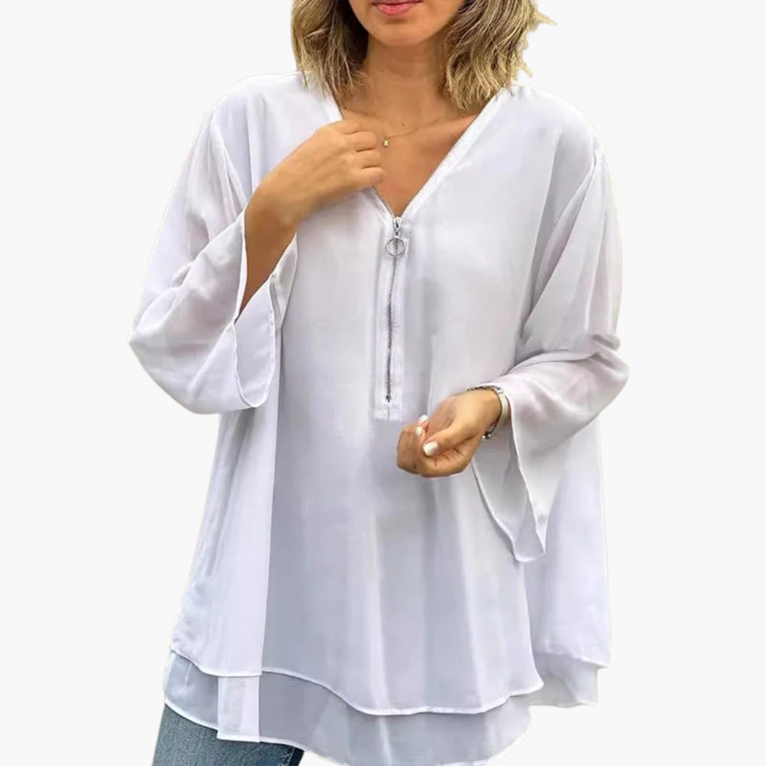 Half-Zip V-Neck Top for Women - Long Sleeve &amp; Casual Chic