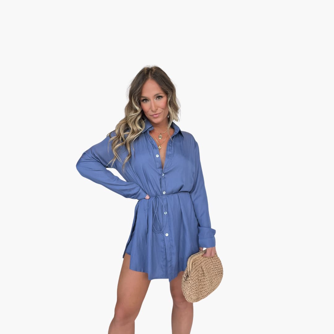 Women’s Romper Dress with Collared Neck and Drawstring Waist