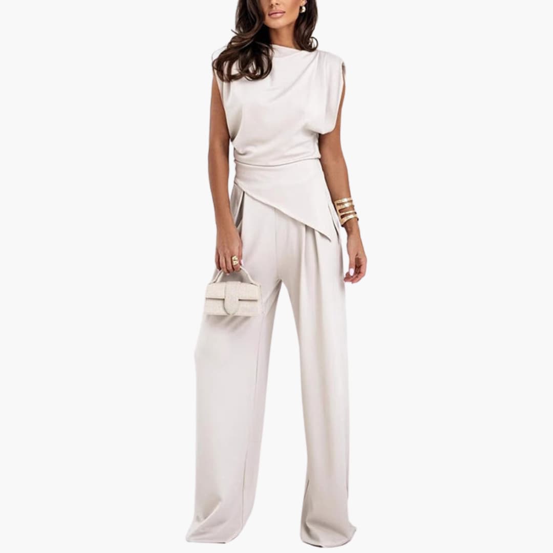 Women’s Two-Piece Set with Draped Top and Wide-Leg Pants