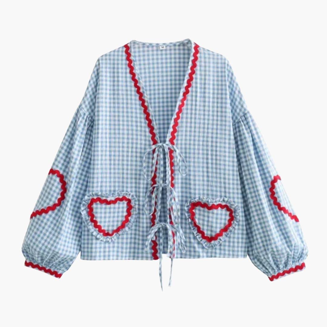 Women’s Blouse with Gingham Pattern and Tie-Front Detail