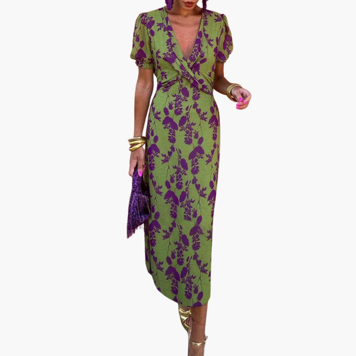Women’s Midi Dress with Puff Sleeves and Twist Waist