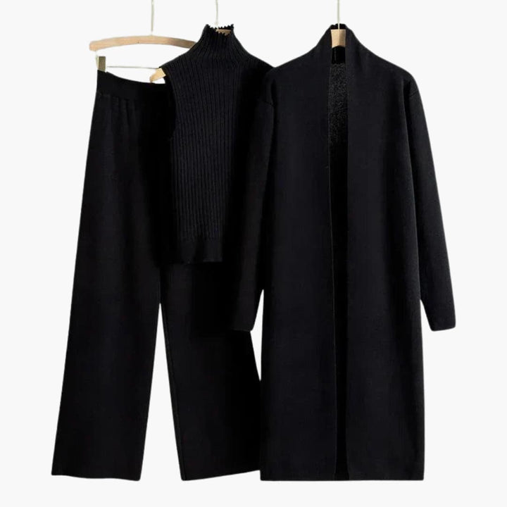 Women’s Three-Piece Knit Set with Sleeveless Roll Neck and Wide-Leg Trousers