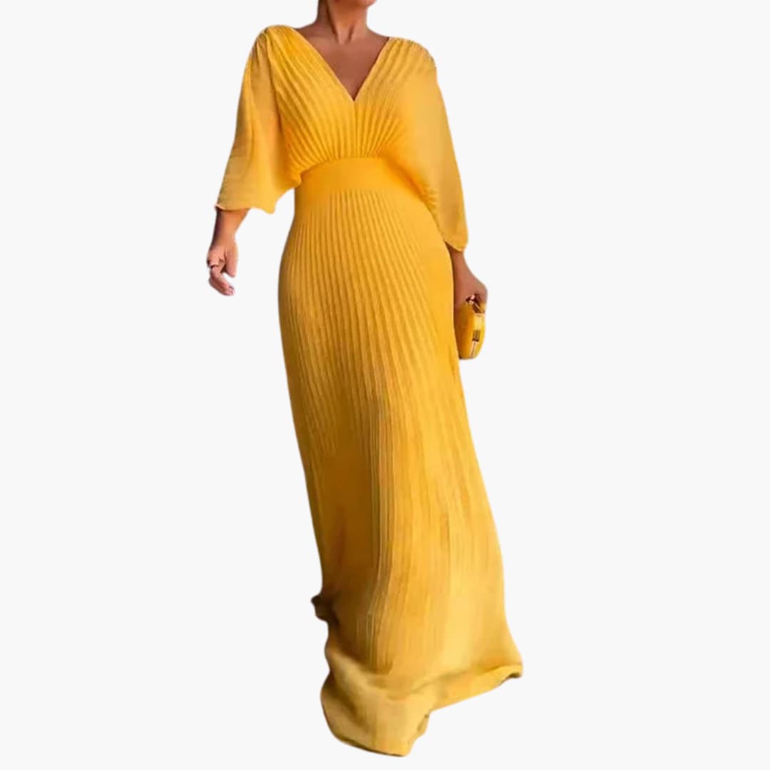Women’s Formal Pleated Maxi Dress with Draped Sleeves