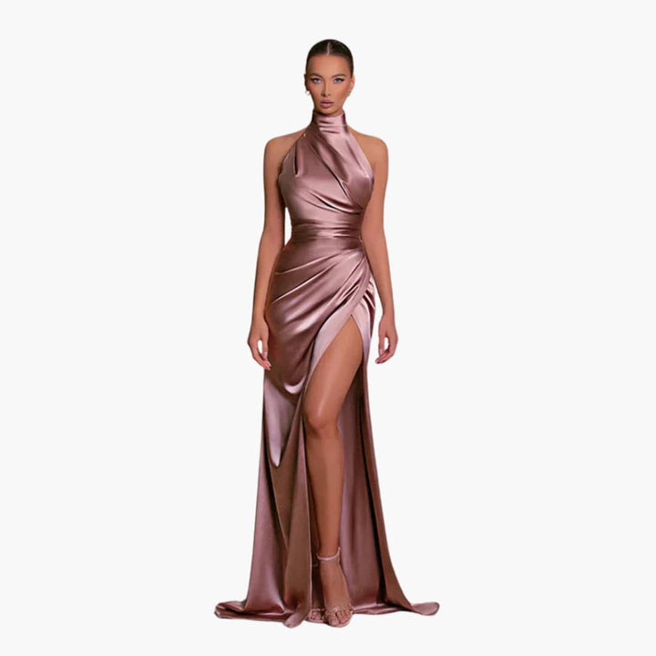 Women’s Evening Gown Dress with Halter Neck and High Split