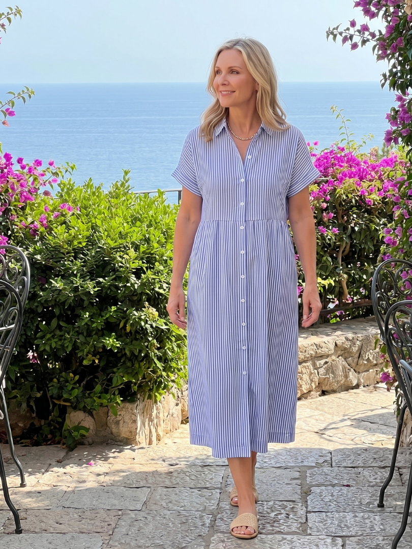 Rosamund | Short Sleeve Stripe Pattern Midi Dress