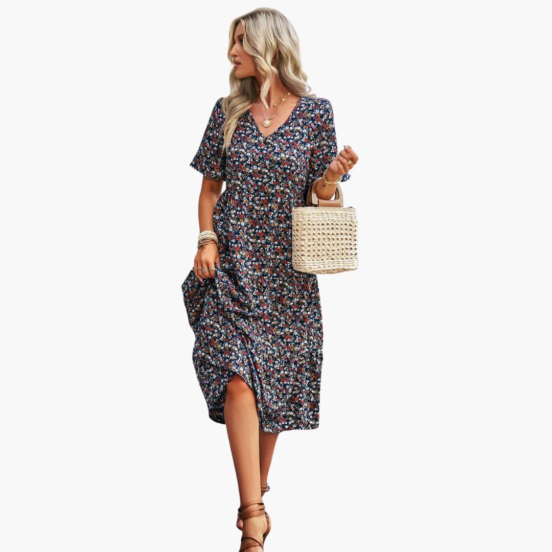 Women’s Midi Dress with V-Neckline and Floral Print