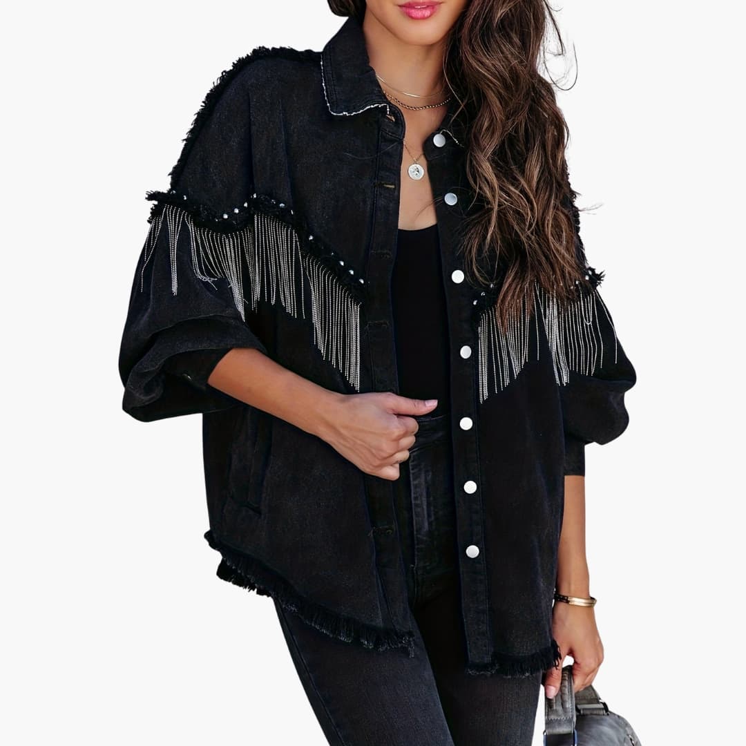 Women’s Denim Jacket with Buttons and Fringe
