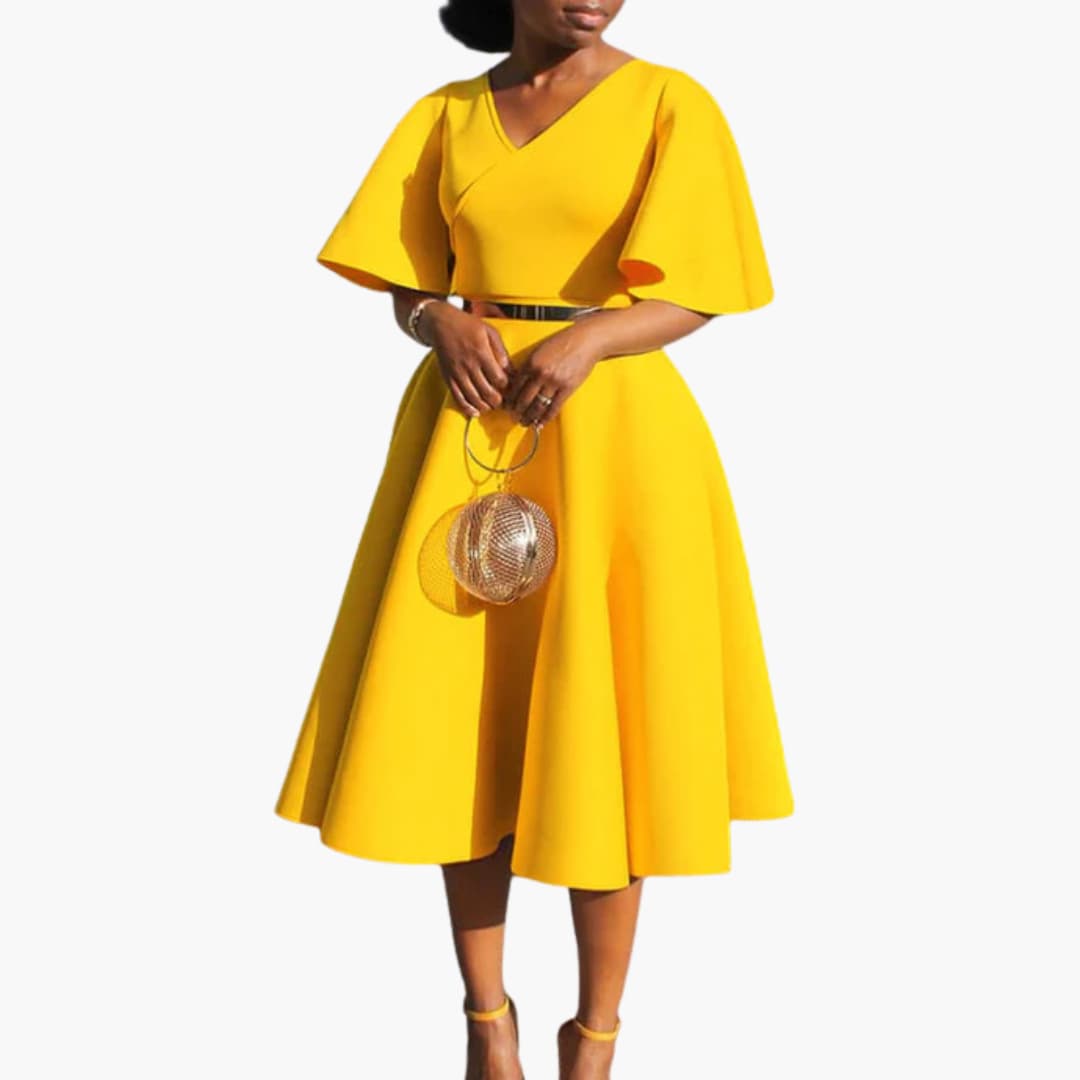 Women’s Midi Dress with V-Neckline and Flutter Sleeves