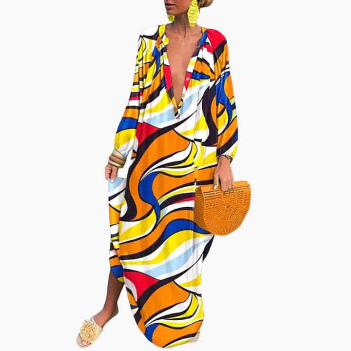 Women’s Maxi Dress with V-Neckline and Long Sleeves