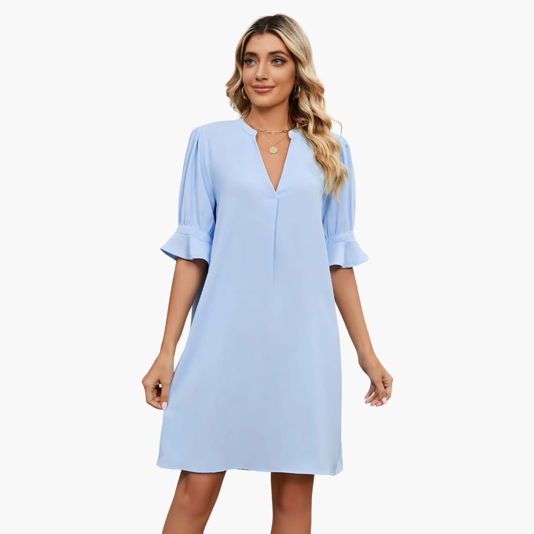 Women’s Shift Dress with V-Neckline and Ruffle Sleeves