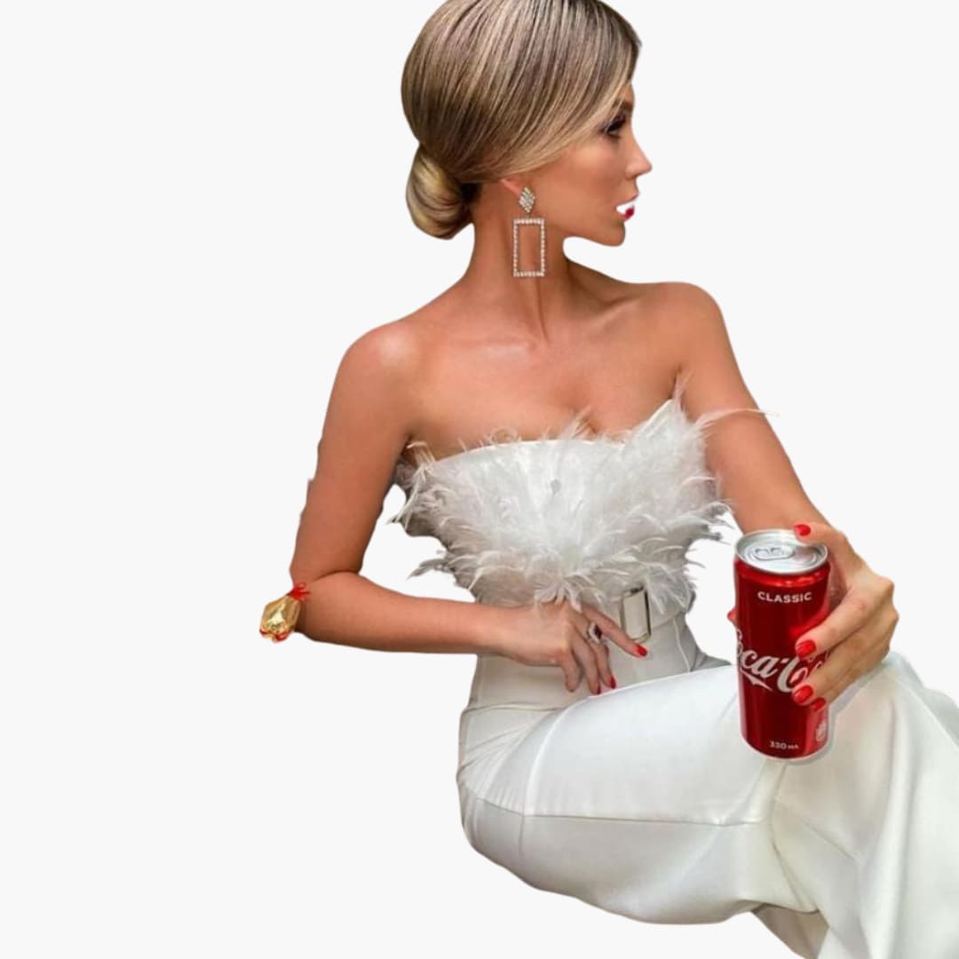 Women’s Strapless Jumpsuit with Feather Top and Wide Legs