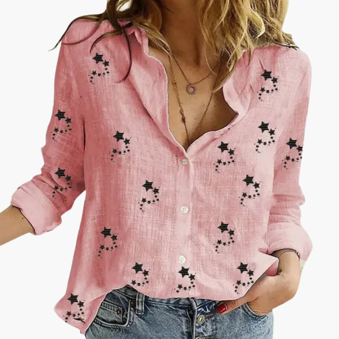 Women’s Star Print Blouse with Collar and Button Fastening