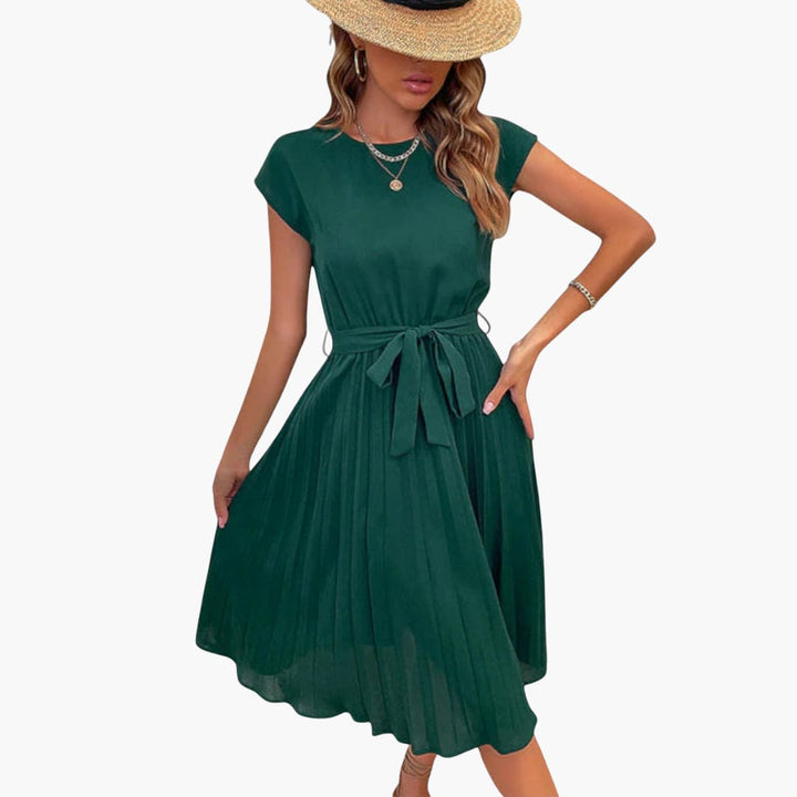 Women’s Casual Midi Dress with Pleated Skirt and Tie Waist