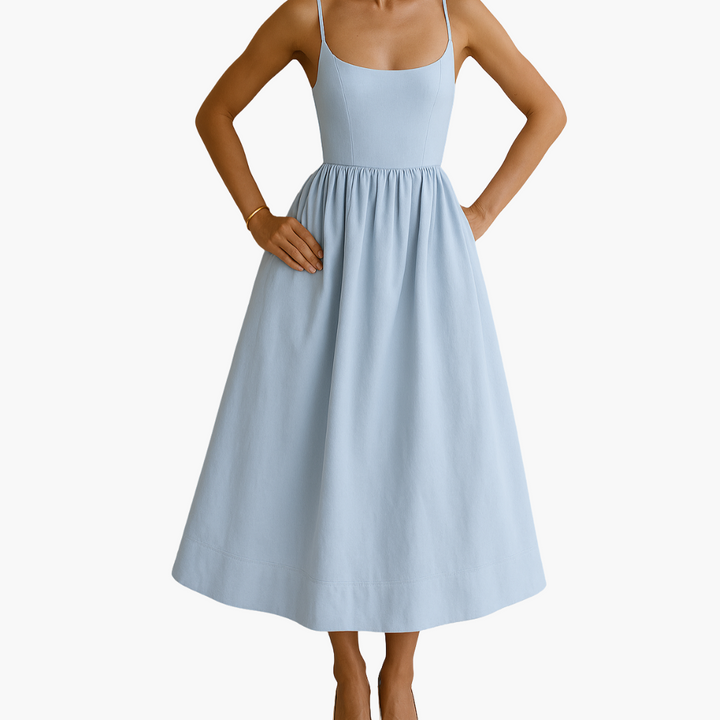 Women’s Elegant Sleeveless Midi Dress with Tailored Bodice and Flared Skirt