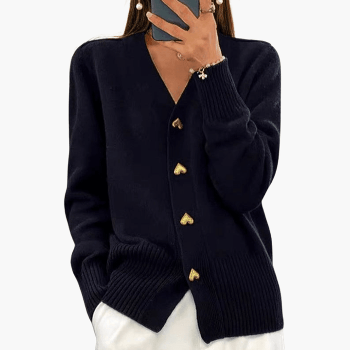 Women’s Button-Up Cardigan with Heart Button Details and Long Sleeves