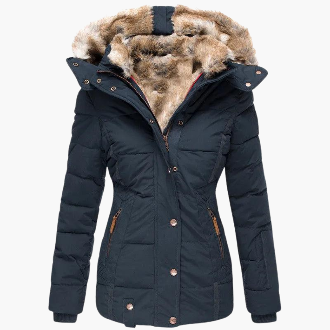 Women Hooded Parka Jacket with Fur Lining and Slim Fit