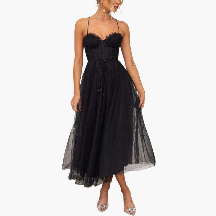Women’s Tulle Maxi Dress with Spaghetti Straps and Tiered Skirt