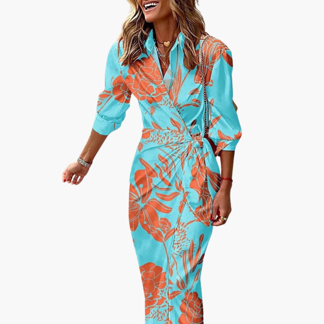 Women’s Midi Shirt Dress with Waist Tie and Wrap Front