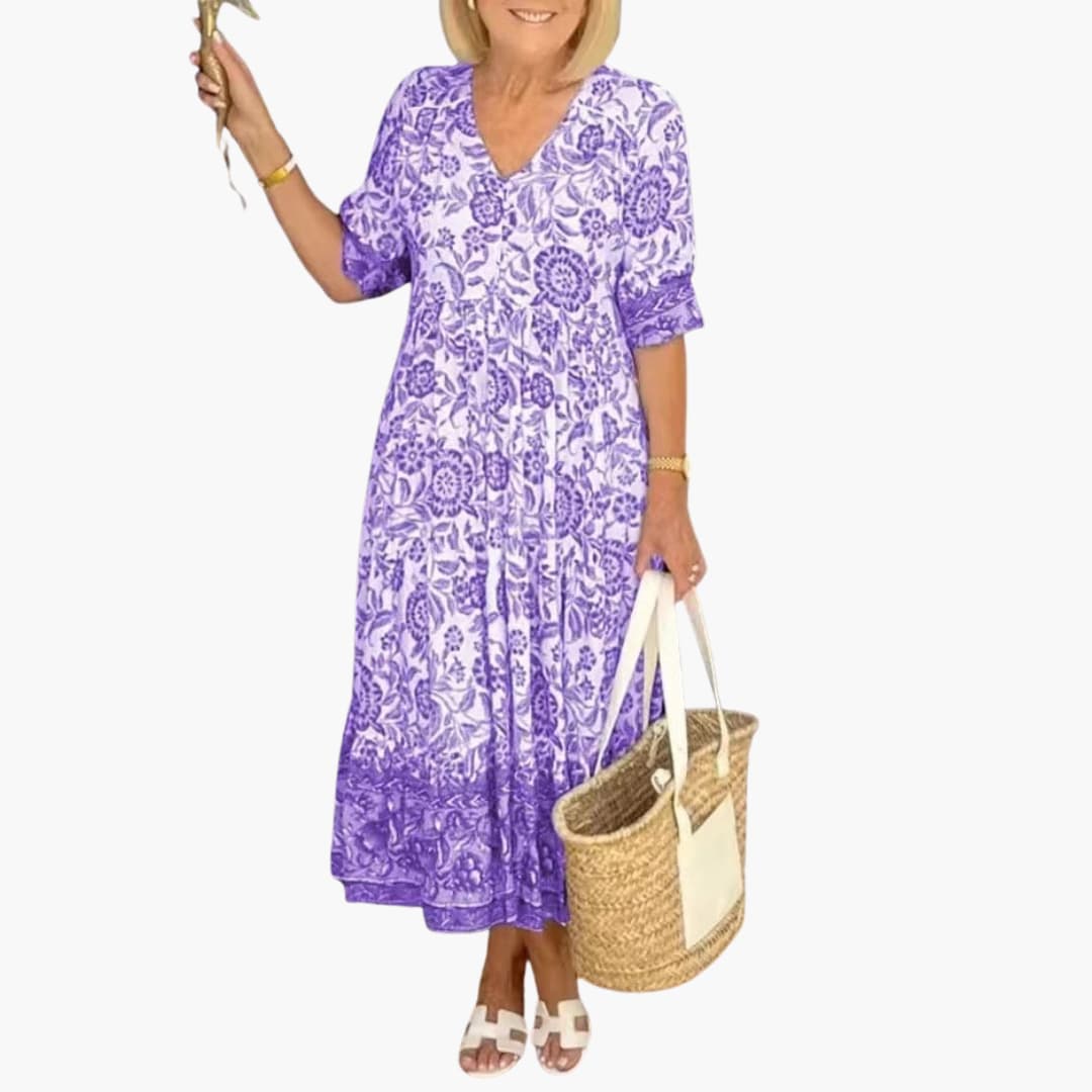 Women’s Midi Dress with V-Neck and Tiered Hem