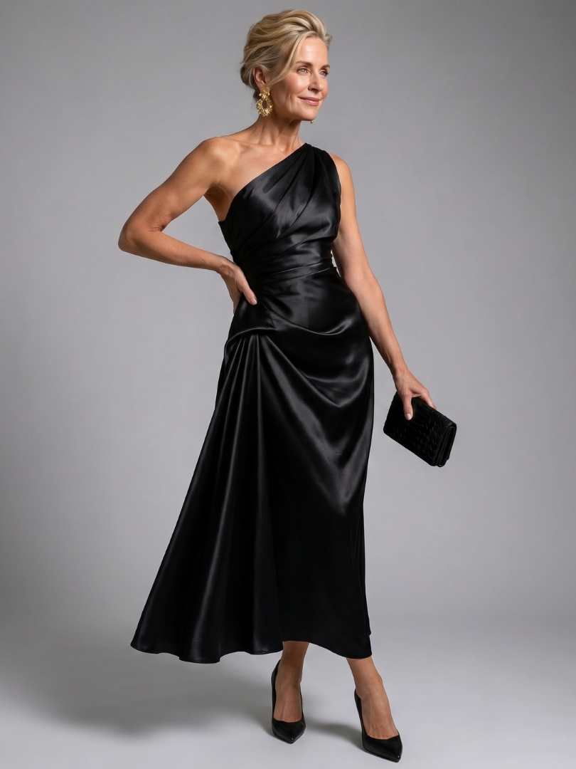 Zeima | One Shoulder Draped Satin Maxi Dress